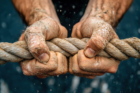 Muscular, Anatomy, Resilience. A close-up of two hands gripping a thick rope, showcasing strength and determination, with water droplets adding a dynamic element to the scene.