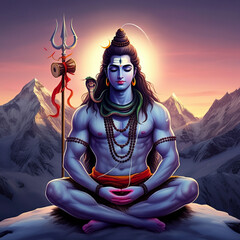 Serene image of Lord Shiva meditating in the Himalayas at sunset, symbolizing peace, cosmic energy, and spiritual transcendence