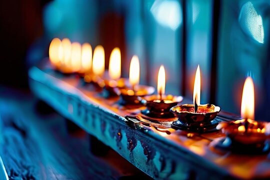 a lomographic photograph of a hanukkah menorah with a slow shutt