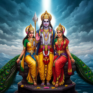 Glorious portrayal of Lord Murugan, Valli, and Deivanai standing in a celestial setting with divine light, symbolizing strength, harmony, and grace