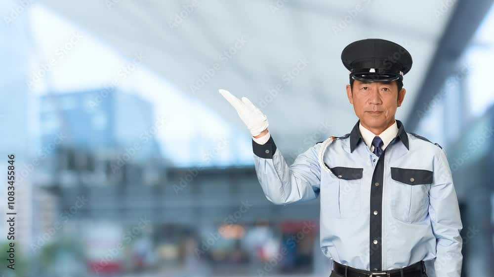 Fototapete 警備員、警察官、男性、警察、誘導、案内、警備、日本人、紹介、お知らせ、指す、URL、警官、交通整理、通行、合図、ガイド、告知、報告、見せる、提案、研修、教育、宣伝、広告、PR、おすすめ、勧める、説明、解説、セキュリティ、警備会社、防犯、防災、制服、守衛、交番、道案内、職業、仕事、アルバイト、中年、ミドルエイジ、スローモーション、駅、駅前、都市、治安、都会、人物