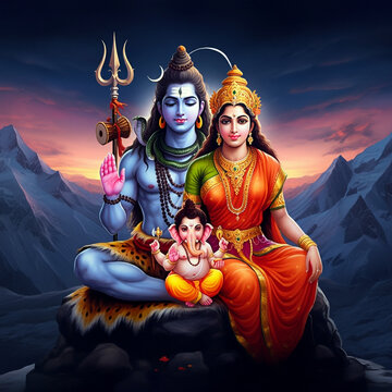 Vibrant depiction of Lord Shiva, Goddess Parvati, and young Lord Ganesha seated in a tranquil Himalayan setting, symbolizing family unity and divinity