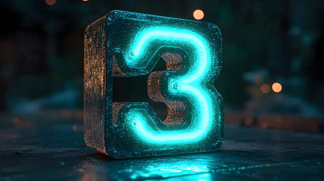 Glowing 3D Neon Number Three Illustration
