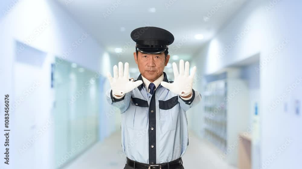 Leinwandbilder 警備員、通行止め、立入禁止、警察官、警察、パトロール、警官、ストップ、警備、禁止、規制、止める、停止、制止、セキュリティ、警備会社、防犯、防災、制服、守衛、ガードマン、門番、見張り、保安、ボディガード、見回り、巡回、監視、取り締まり、見守り、安全、違反、違法、ルール、ダメ、お断り、NG、上半身、工事、建設、危険、スローモーション、通路、病院、ビル、施設、役所、エントランス、入口、人物