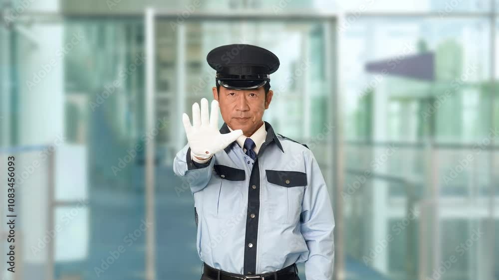 Poster 警備員、立入禁止、通行止め、警察官、警察、ストップ、警備、禁止、規制、警官、止める、停止、制止、セキュリティ、警備会社、防犯、防災、パトロール、制服、守衛、ガードマン、門番、見張り、保安、ボディガード、見回り、巡回、監視、取り締まり、見守り、安全、違反、違法、ルール、ダメ、お断り、NG、上半身、工事、建設、危険、スローモーション、ビル、エントランス、施設、ホール、駅、通路、イベント、人物