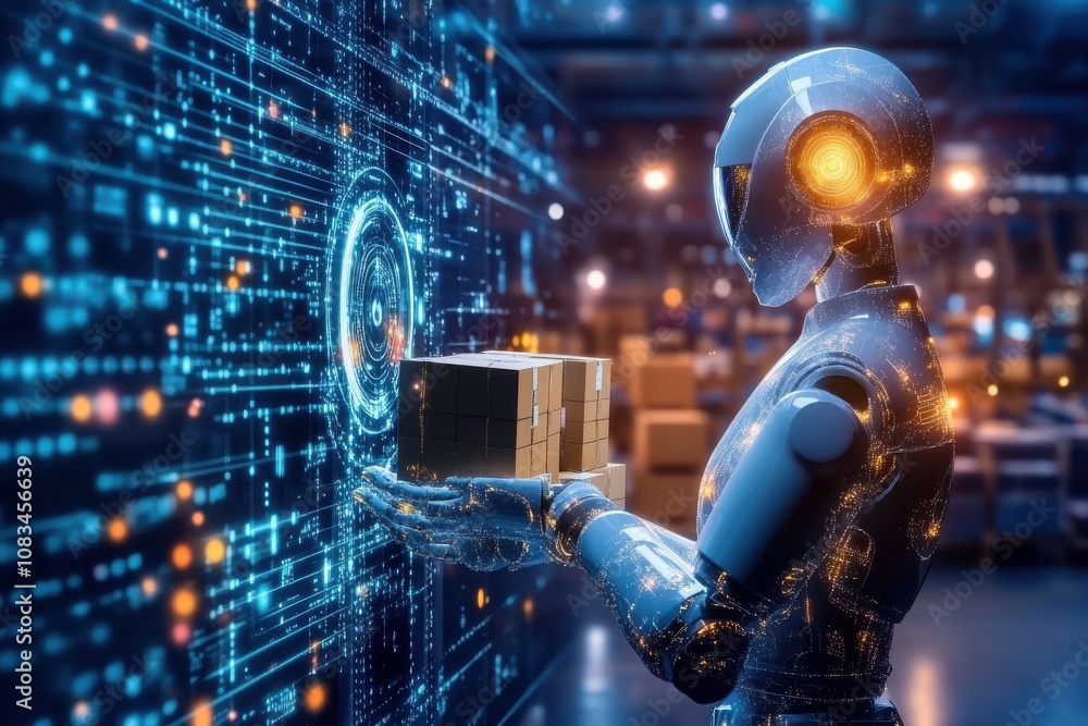 Poster robot sorting boxes in a high-tech warehouse setting