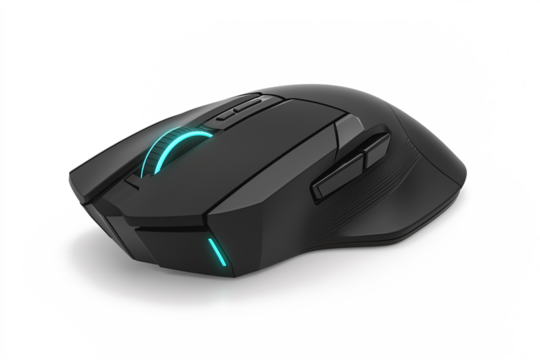 A stylish, ergonomic computer mouse with customizable buttons, set against a white background.