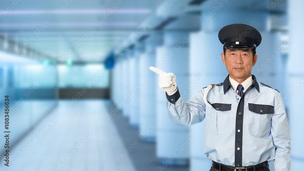 Poster 警備員、警察官、男性、誘導、案内、警備、日本人、紹介、お知らせ、指さす、指す、警官、交通整理、通行、合図、ガイド、告知、報告、見せる、提案、研修、教育、宣伝、広告、PR、おすすめ、勧める、説明、解説、セキュリティ、警備会社、防犯、防災、制服、守衛、警察、交番、道案内、職業、仕事、アルバイト、中年、スローモーション、地下、通路、駅、駅員、地下鉄、地下道、人物