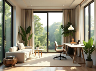 Fototapeta premium illustration of small house interior design, office area use double-duty furniture in limit space, contemporary design close to nature concept ,mockup idea, Generative Ai