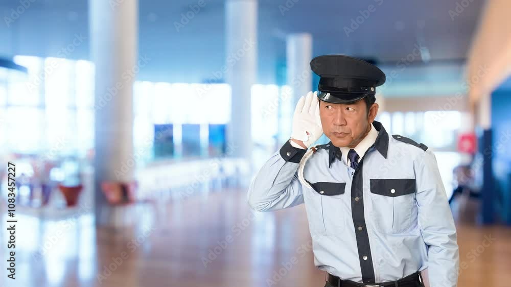 Aufkleber 警備員、警察官、セキュリティ、警察、パトロール、警官、聞き耳、聞く、秘密、防犯、捜査、騒音、聞き取り、内緒、警備、警備会社、防災、制服、守衛、お巡りさん、交番、巡査、職業、仕事、アルバイト、中年、ミドルエイジ、男性、日本人、巡回、監視、取り締まり、安全、内偵、安心、強盗、泥棒、警戒、確認、盗聴、空き巣、スローモーション、施設、ビル、ホール、ラウンジ、病院、イベント、美術館、人物