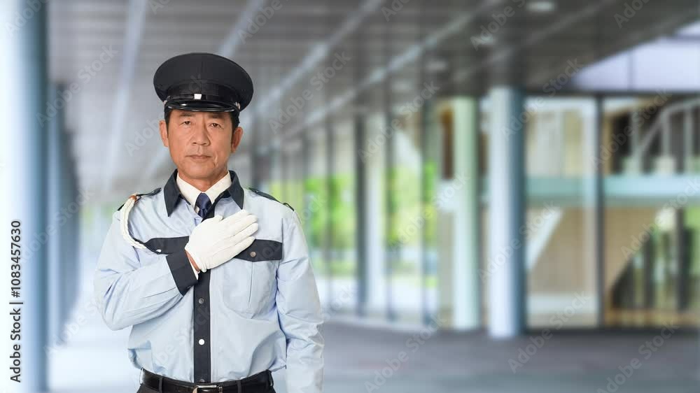 Leinwandbilder 警備員、警察、警察官、セキュリティ、安心、信頼、警備、防犯、おまかせ、依頼、派遣、通報、巡回、監視、取り締まり、見守り、警官、安全、警戒、警報、警備会社、制服、防災、パトロール、守衛、お巡りさん、交番、巡査、職業、仕事、アルバイト、中年、ミドルエイジ、男性、日本人、正義、守る、真心、誠実、公務員、公共、スローモーション、ビル、エントランス、施設、ホール、駅、通路、イベント、人物