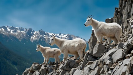 Fototapeta premium Mountain goats on a rocky cliffside with deep valleys below surrounded by high alpine terrain, AI Generated