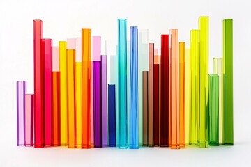 Obraz premium A spectrum of colorful abstract bars of varying heights and widths isolated on a white background, symbolizing diverse values.