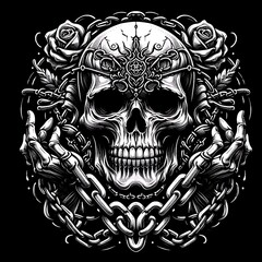 Ornate skull with roses and chains.