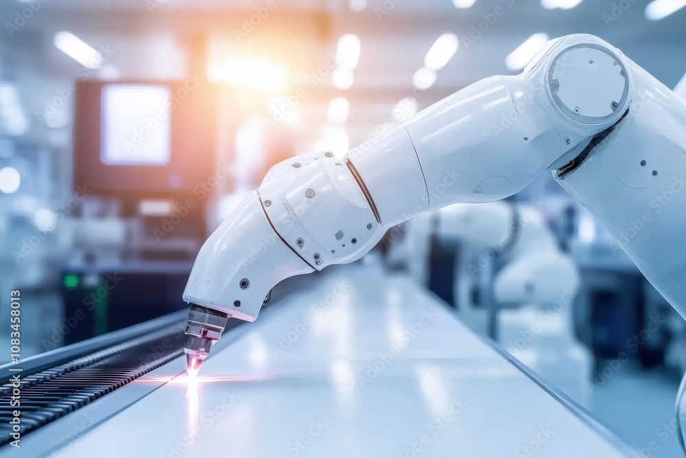 Poster robotic arm welding on assembly line in factory setting