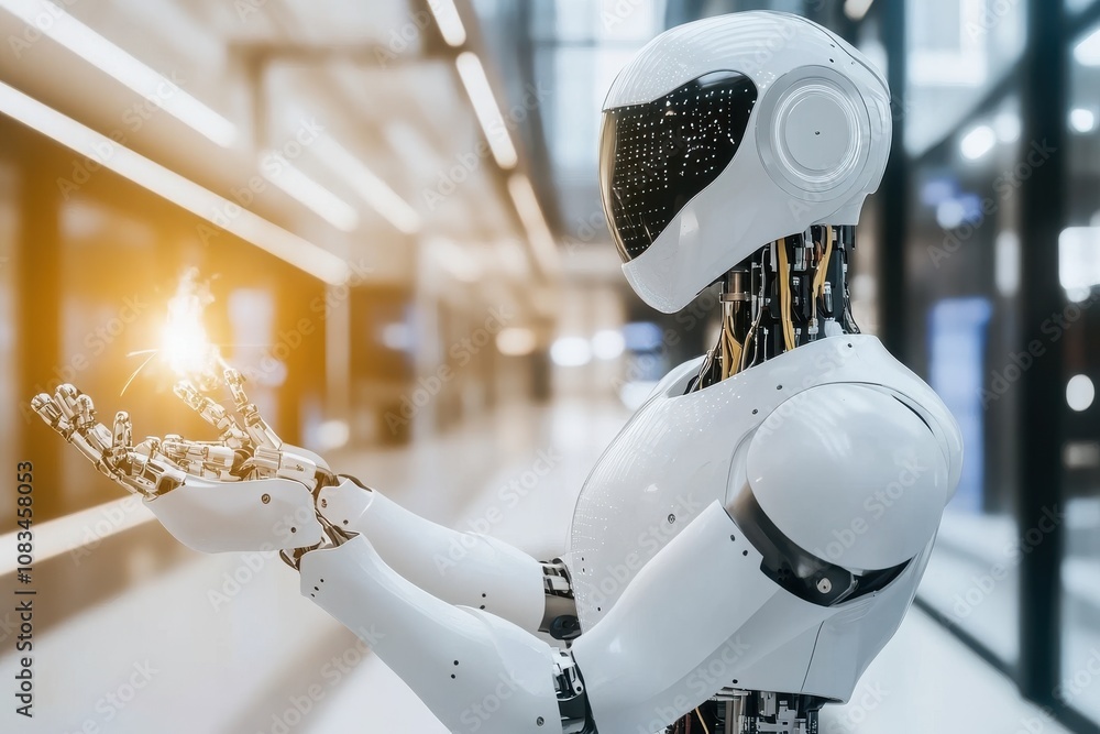 Poster robotic arm welding on assembly line in factory setting