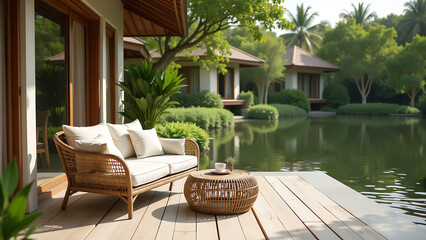 Fototapeta premium Chic rattan sofa with cushions and a small wooden table on the terrace of a resort room surrounded by gardens and a pond.