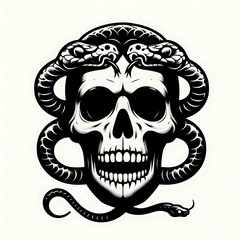 Skull entwined by two snakes.