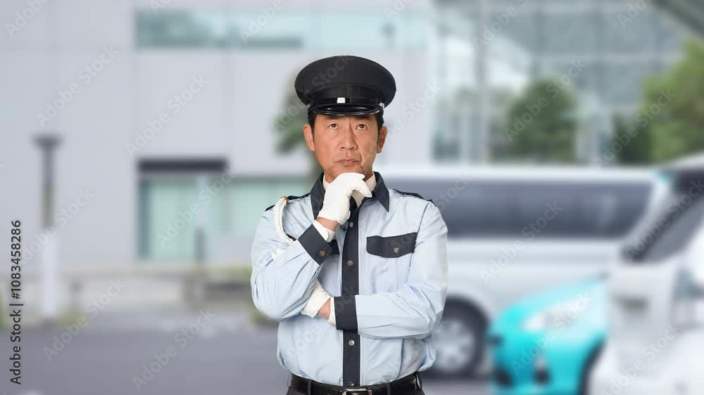 Aufkleber 警備員、悩む、迷う、疑問、問題、トラブル、防犯、警備、日本人、表情、困る、警察官、警察、男性、悩み、パトロール、転職、セキュリティ、警備会社、防災、制服、守衛、ガードマン、門番、お巡りさん、職業、仕事