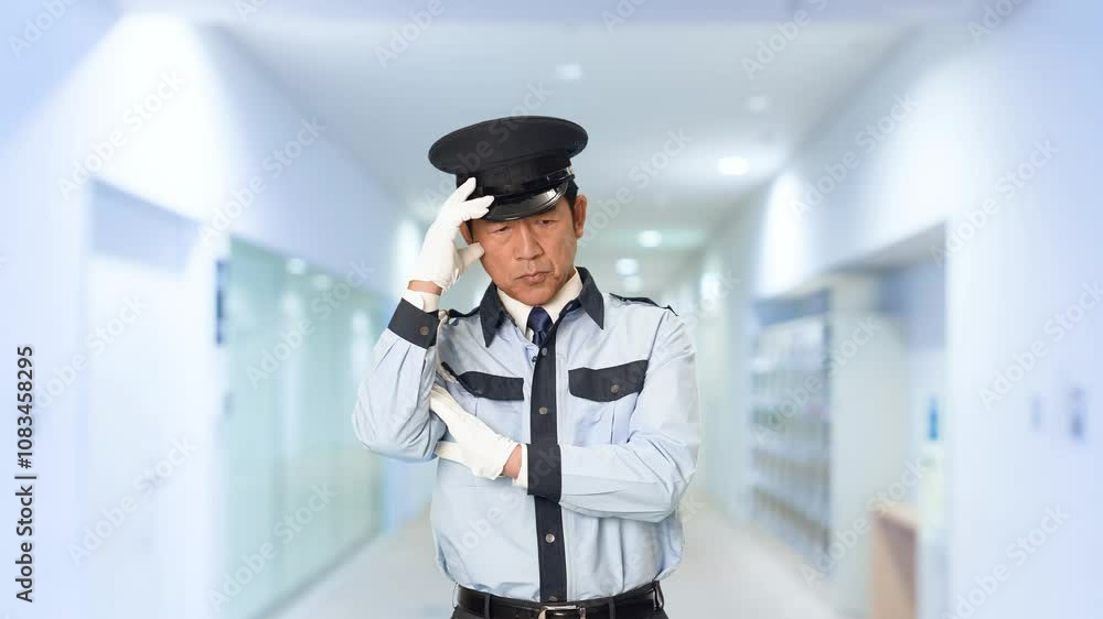 Poster 警備員、警察官、警官、制服、警察、男性、悩む、ストレス、転職、仕事、日本人、考える、疑問、トラブル、問題、パトロール、課題、警備、不安、心配、プレッシャー、疲労、再雇用、セキュリティ、警備会社、防犯、防災、守衛、ガードマン、門番、職業、アルバイト、中年、ミドルエイジ、監視、取り締まり、見守り、安全、安心、通報、頭痛、スローモーション、通路、病院、ビル、施設、役所、エントランス、入口、人物