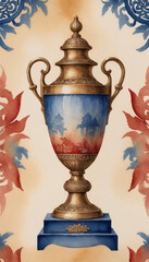 Decorative trophy with intricate design against a floral patterned background