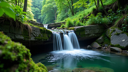 A small waterfall cascades over a stone wall into a clear pool of water in a lush forest.