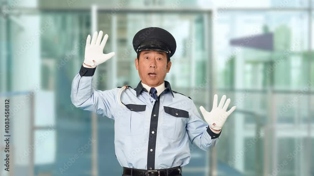 Poster 警備員、警察官、警官、制服、警察、パトロール、セキュリティ、驚く、びっくり、事件、事故、盗難、不祥事、ショック、警備、警備会社、防犯、防災、守衛、ガードマン、門番、職業、仕事、アルバイト、中年、ミドルエイジ、男性、日本人、見回り、巡回、監視、取り締まり、見守り、安全、捜査、発見、殺人、傷害、トラブル、犯罪、目撃、スローモーション、ビル、エントランス、施設、ホール、駅、通路、イベント、人物