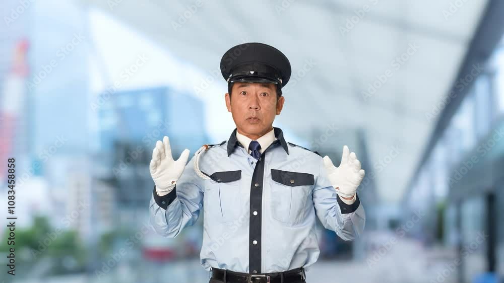 Fototapete 警備員、警察官、警官、制服、警察、パトロール、セキュリティ、驚く、びっくり、事件、事故、盗難、不祥事、ショック、警備、警備会社、防犯、防災、守衛、ガードマン、門番、職業、仕事、アルバイト、中年、ミドルエイジ、男性、日本人、見回り、巡回、監視、取り締まり、見守り、安全、捜査、発見、殺人、傷害、トラブル、犯罪、目撃、スローモーション、駅、駅前、都市、治安、社会、繁華街、都会、人物