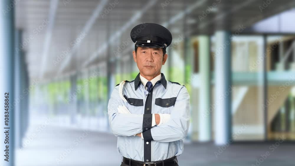 Leinwandbilder 警察官、警備員、制服、警察、セキュリティ、警備、腕組み、偉そう、圧力、警戒、見張り、日本人、監視、高圧的、警備会社、防犯、防災、守衛、ガードマン、門番、お巡りさん、パトロール、交番、巡査、職業、仕事、アルバイト、中年、ミドルエイジ、男性、巡回、取り締まり、見守り、安全、安心、通報、カメラ目線、見る、睨む、職務質問、職質、スローモーション、ビル、エントランス、施設、ホール、駅、通路、イベント、人物