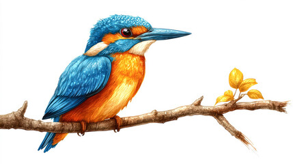 Obraz premium A vibrantly illustrated kingfisher with blue and orange feathers perched on a branch with yellow leaves perfect for nature-themed articles, educational content, or decorative prints,