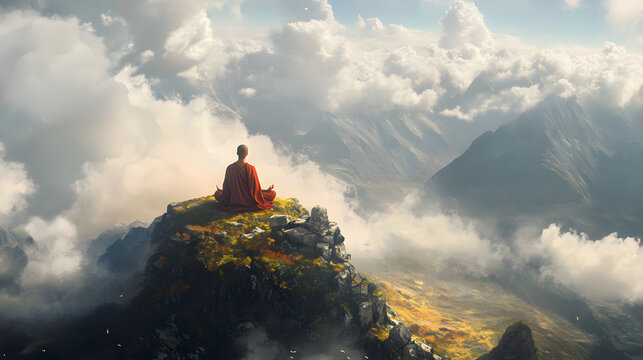 MeditierHände reichen Schale mit Reis als Symbol der Hilfe und Fürsorgeender Mönch auf Berggipfel über den Wolken