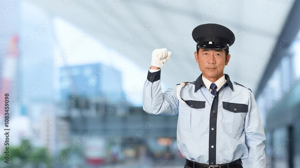 Poster 警備員、男性、警察、警察官、制服、セキュリティ、パトロール、ガッツポーズ、元気、やる気、日本人、警備、パワフル、パワー、モチベーション、努力、頑張る、信頼、安全、安心、警備会社、防犯、防災、守衛、ガードマン、門番、見張り、保安、ボディガード、交通整理、工事現場、建設、働く、仕事、アルバイト、見守り、サクセス、上半身、成功、挑戦、チャレンジ、スローモーション、駅、駅前、都市、治安、社会、都会、繁華街