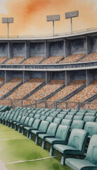 Obraz premium Empty stadium seats with a colorful sunset sky in the background