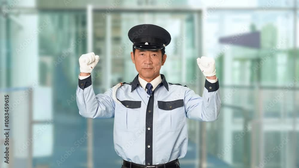 Poster 警備員、警察官、男性、セキュリティ、制服、警察、パトロール、ガッツポーズ、元気、やる気、パワフル、気合い、警備、日本人、中年、ミドルエイジ、職業、仕事、アルバイト、警備会社、防犯、防災、守衛、ガードマン、門番、巡回、監視、取り締まり、見守り、安全、交番、チャレンジ、挑戦、目標、表彰、賃上げ、やりがい、パワー、嬉しい、喜ぶ、楽しい、スローモーション、ビル、エントランス、施設、ホール、駅、通路、イベン