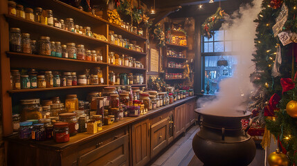 Enchanting Apothecary Shop with Colorful Jars and Whimsical Decorations, Evoking a Cozy Holiday Atmosphere and Capturing the Spirit of Seasonal Magic and Mystery