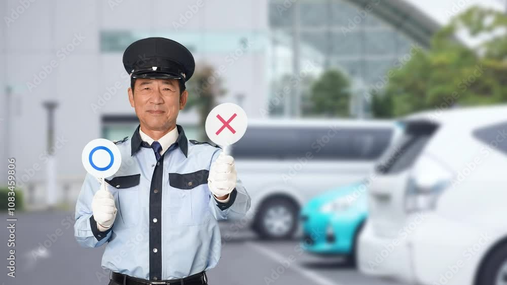 Fototapete 警備員、警察官、セキュリティ、警察、パトロール、交通、規制、違反、違法、バツ、NG、犯罪、ダメ、間違い、ルール、ストップ、警官、警備、警備会社、防犯、防災、制服、守衛、職業、仕事、アルバイト、中年、ミドルエイジ、男性、日本人、巡回、監視、取り締まり、見守り、安全、通報、警戒、残念、罰則、罰金、ダメ出し、摘発、警告、スローモーション、駐車場、駐車、自動車、パーキング、都市、人物