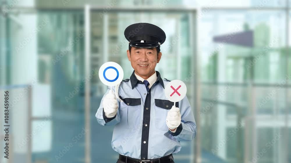 Aufkleber 警備員、警察官、制服、警察、パトロール、セキュリティ、男性、マルバツ、正解、合法、警官、警備、許可、合格、OK、まる、丸、クイズ、Q&A、FAQ、正しい、問題、了解、警備会社、防犯、防災、守衛、門番、職業、仕事、アルバイト、中年、ミドルエイジ、日本人、監視、取り締まり、見守り、安全、安心、おすすめ、承認、スローモーション、ビル、エントランス、施設、ホール、駅、通路、イベント、人物