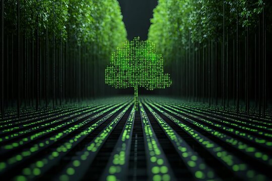 A digital representation of a tree amidst a forest of green data streams and binary code.