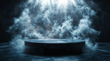 A mysterious dark stage with a illuminated podium, perfect for theatrical promotions, product launches, or Halloween events, evoking intrigue and anticipation.