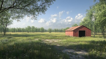 Obraz premium A serene landscape featuring a red barn amidst lush greenery and a clear blue sky.