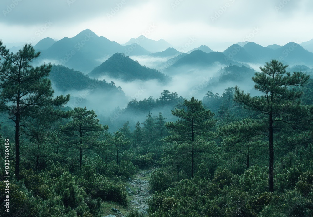 Poster here's a and keyword list for your image... misty mountain landscape with pine forest.