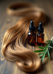Fototapeta premium A long, brown hair with blonde highlights is laying on the table, next to it there are two small glass bottles of cannabis oil and some rosemary leaves.