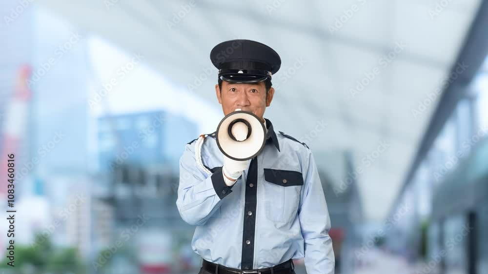 Leinwandbilder 警備員、警察官、セキュリティ、警察、男性、パトロール、拡声器、誘導、交通整理、案内、スピーカー、DJポリス、イベント、警官、警備、警備会社、防犯、制服、職業、仕事、アルバイト、中年、ミドルエイジ、日本人、混雑、監視、取り締まり、見守り、安全、号令、叫ぶ、大声、応援、注意、警告、交渉、人質、上半身、立てこもり、ネゴシエーター、呼びかけ、スローモーション、駅、駅前、都市、治安、社会、都会、繁華街、人物