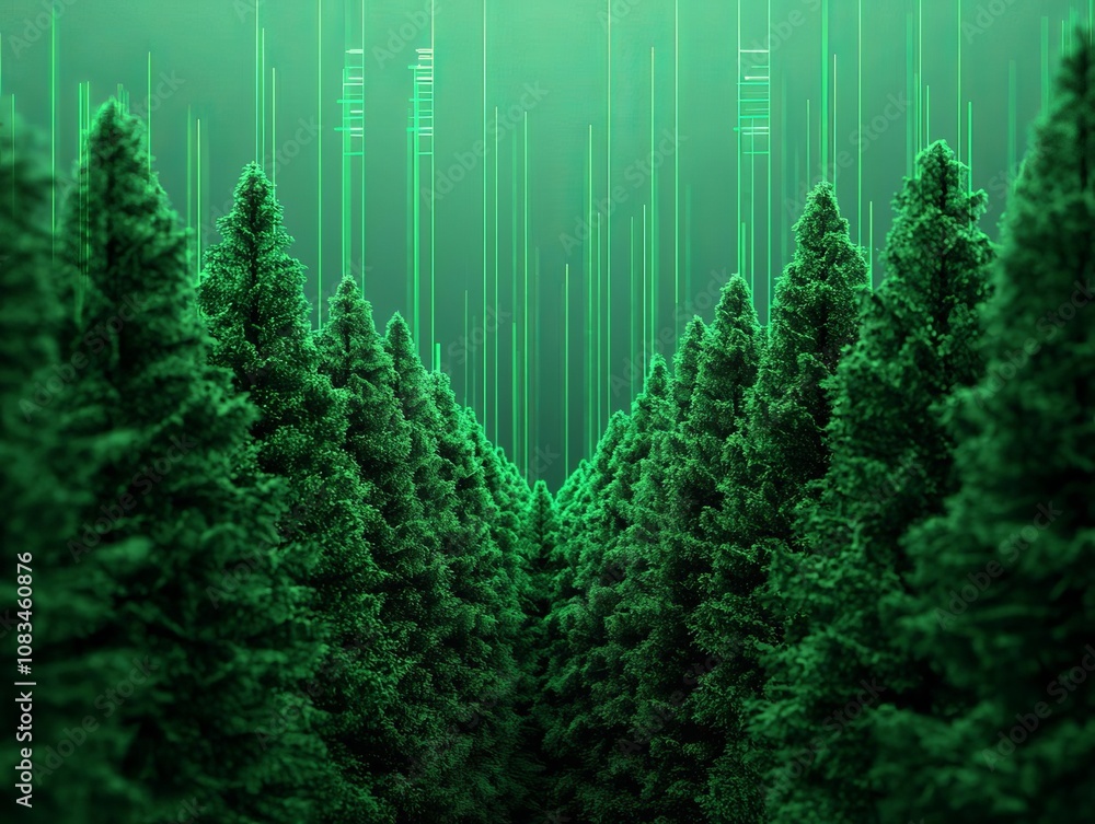 Aufkleber lush green forest with data streams symbolizing nature and technology convergence.