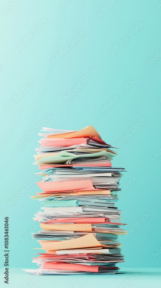 Poster a colorful stack of assorted papers and documents arranged neatly on a teal background.