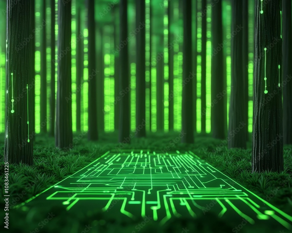 Poster a futuristic forest pathway illuminated with green circuit patterns and technology vibes.