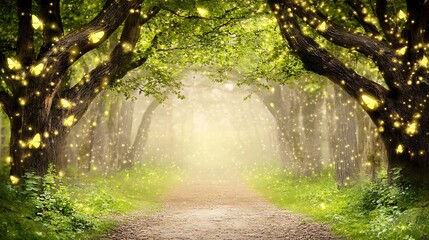 Obraz premium A serene forest pathway illuminated by soft, magical lights and surrounded by lush greenery.