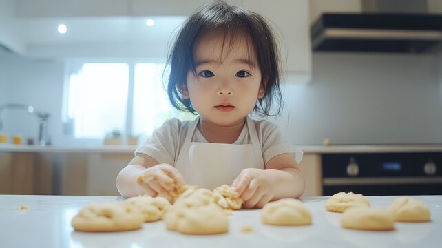 Little girl in aprons making cookies on weekend at home,Happy family,prepare dough and use cooking utensils,National Cookie Day,holiday and celebration concept.