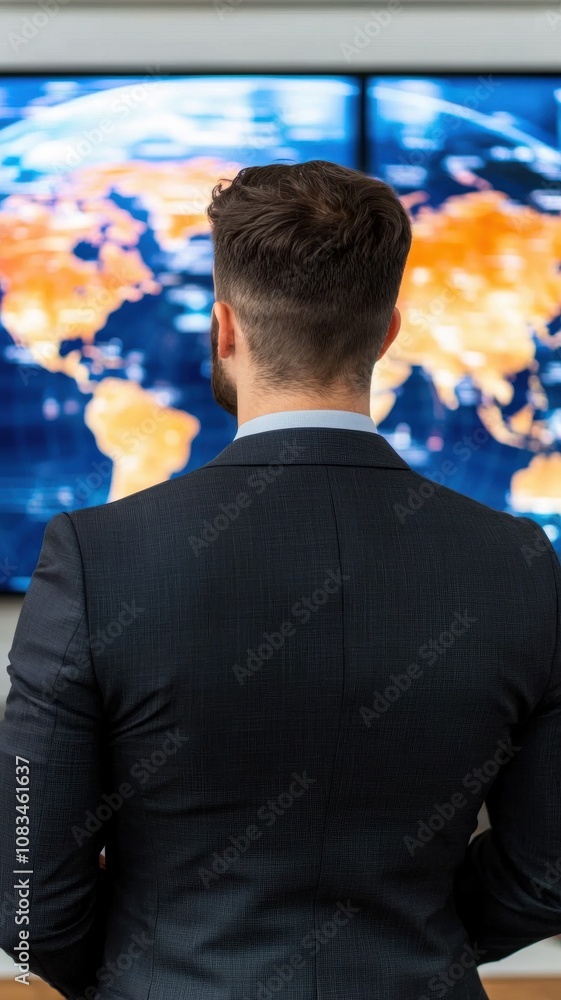Poster a professional man observes a world map displayed on screens, suggesting analysis or global insight 