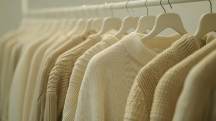 Fototapeta premium Beige and white fashion Clothes on a clothing hanger,knitwear and hoodies on hangers,Minimal fashion clothes on a rack,Fashion blog, website, social media,store in shopping mall,sale online.